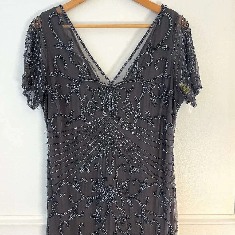 Pisarro Nights Beaded Long Short Sleeve Gown, Size 14, Charcoal Gray, NWT - Picture 4 of 11
